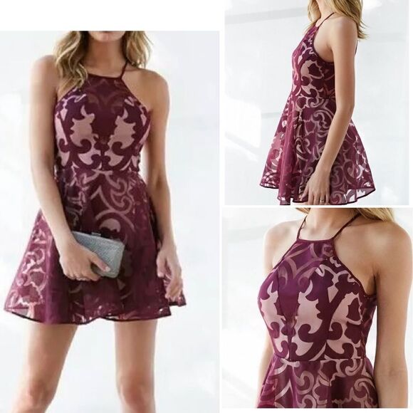 KEEPSAKE Bordeaux Romantic Rebel Burnout Skater Dress-L NWT - Picture 1 of 10